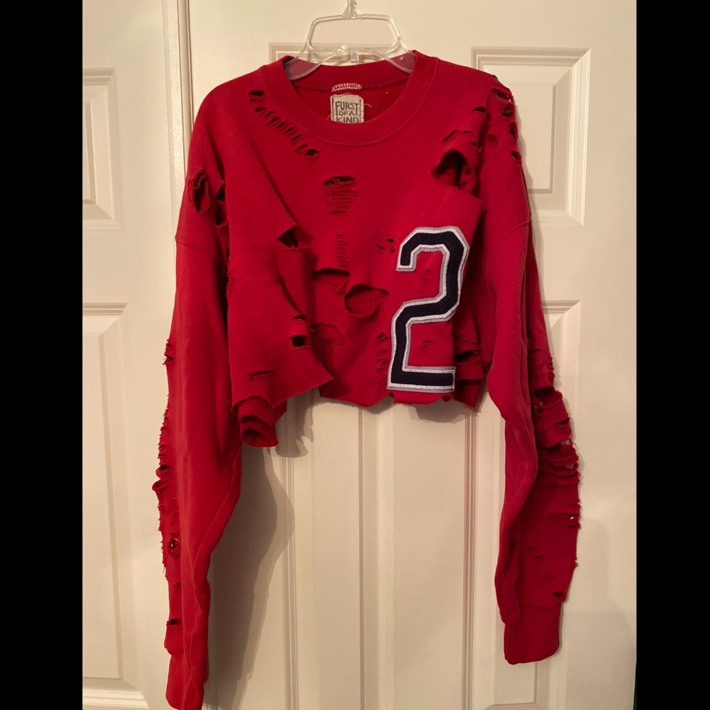 LF Furst of a Kind Vintage Red Cropped Distressed Sweatshirt